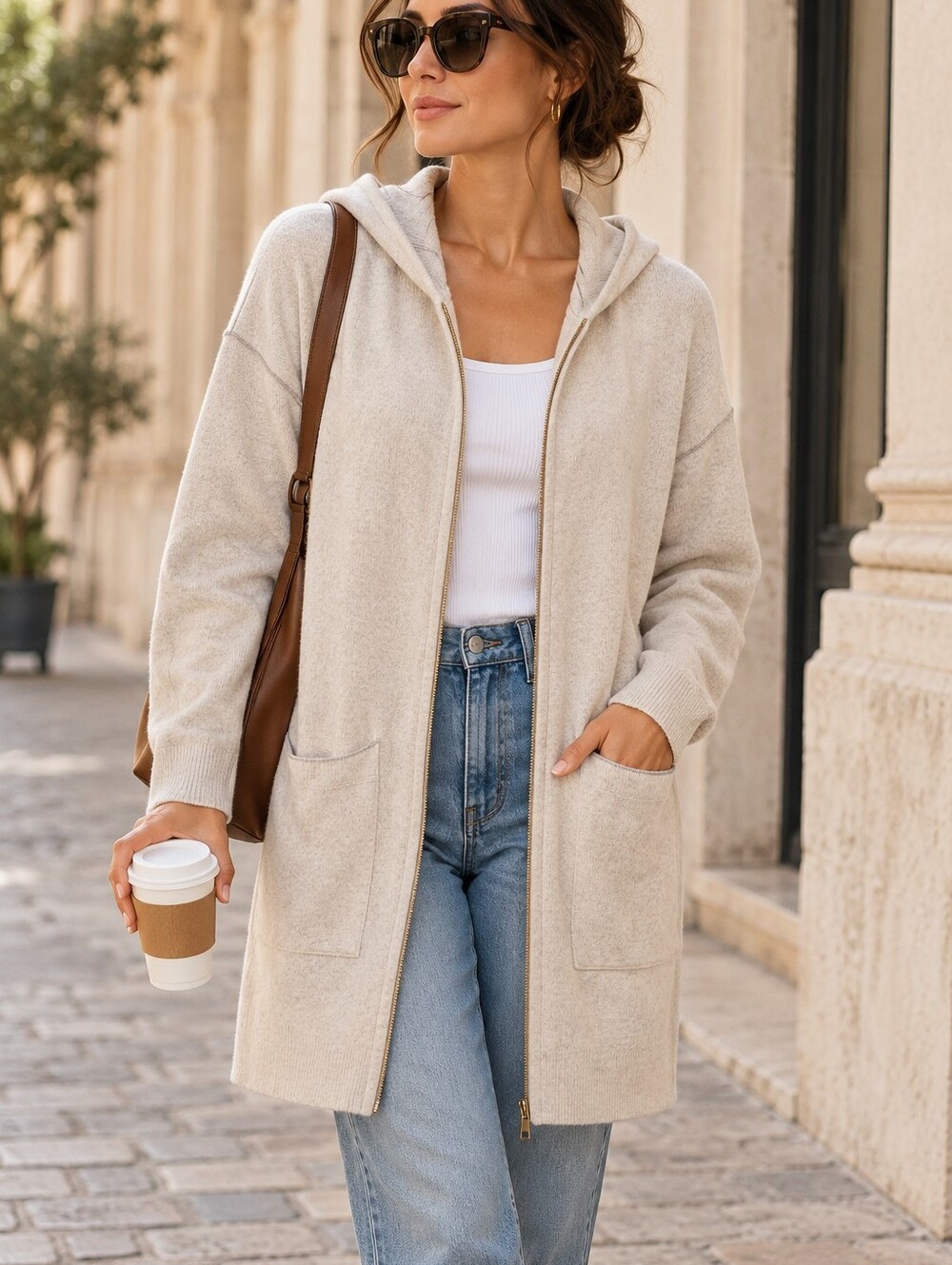 Tahari Oatmeal Longline Hooded Zip Cardigan Sweater Coat Size L